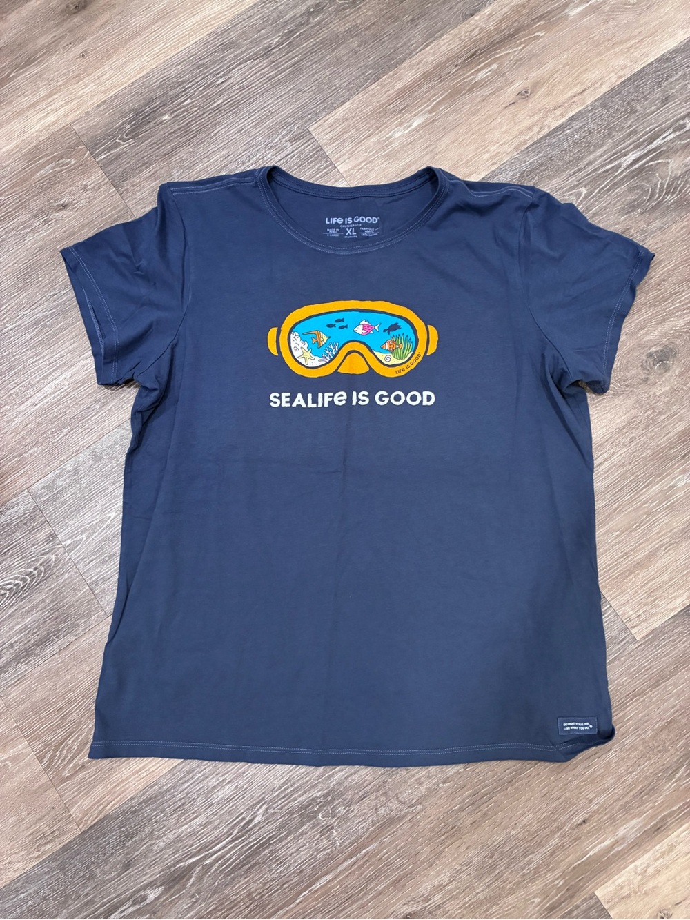 Life Is Good Navy Short Sleeve Tee with Yellow Snorkel Goggle Graphic